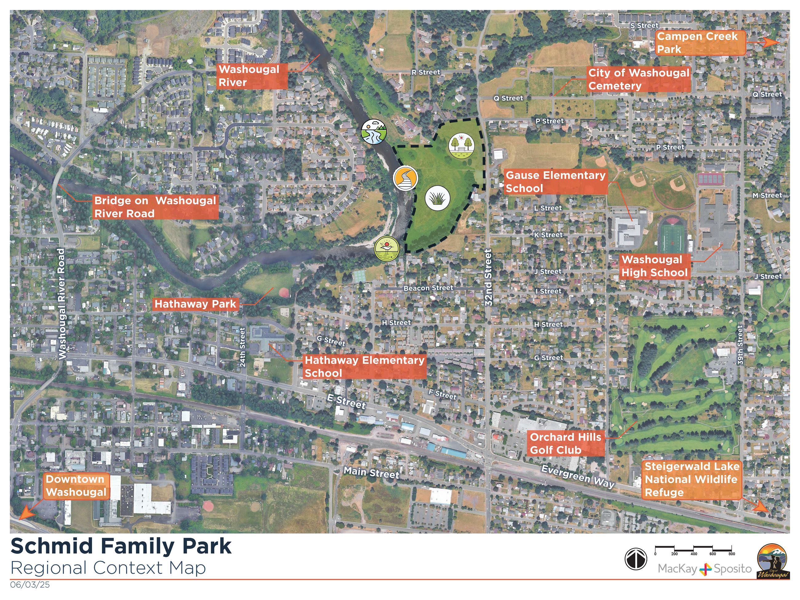 Map showing the Schmid Family Park site in relation to downtown Washougal, the Washougal River, and 