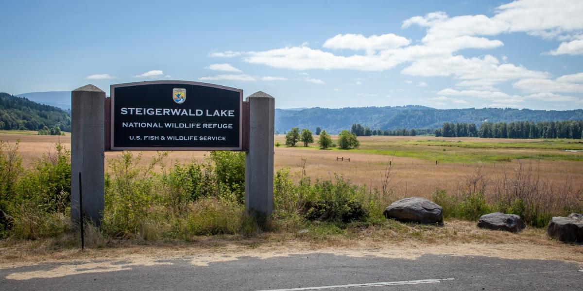 Steigerwald Lake National Wildlife Refuge sign with wide field and trees behind